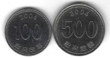 Coreea de Sud , lot 50 / 2 buc - 100 + 500 Won 2004