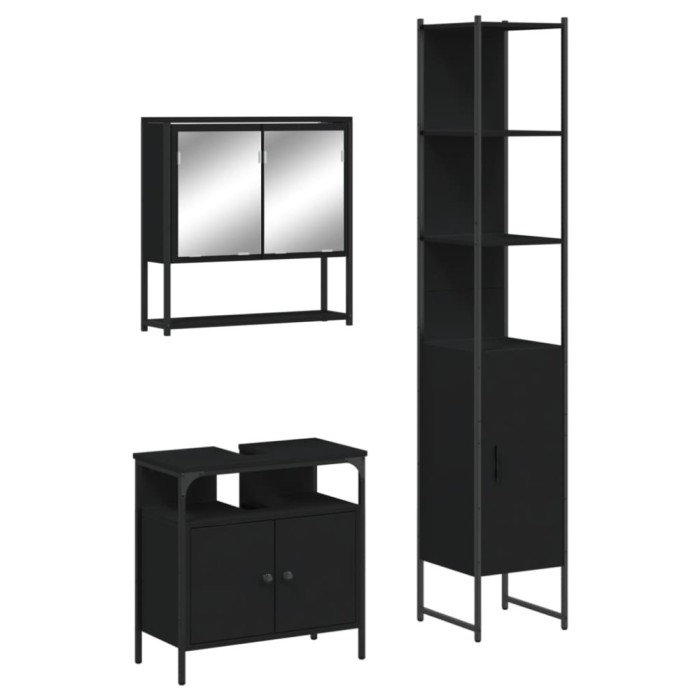 Set mobilier de baie, 3 piese, negru, lemn compozit