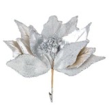 Floare decorativa de Craciun, Argintie, cu Glitter si Clips, 26 cm, CMCLASS