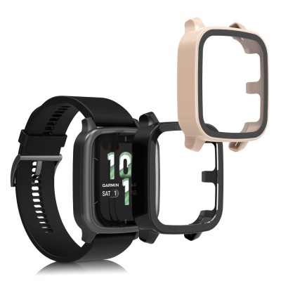 Set 2 Huse Kwmobile cu sticla securizata pentru Garmin Venu Sq 2 Music, Negru/Roz, Plastic, KWM000024ZF005C foto