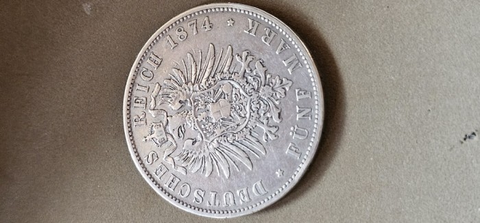Germania 5 funf mark 1874 D , argint