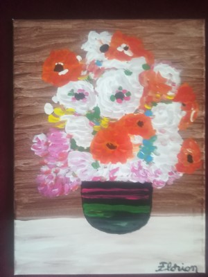 TABLOU PE PANZA CU SASIU NOU 30X 40 CM VAS CU FLORI PRET DOAR 10 LEI foto