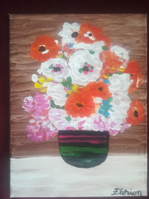 TABLOU PE PANZA CU SASIU NOU 30X 40 CM VAS CU FLORI PRET DOAR 10 LEI