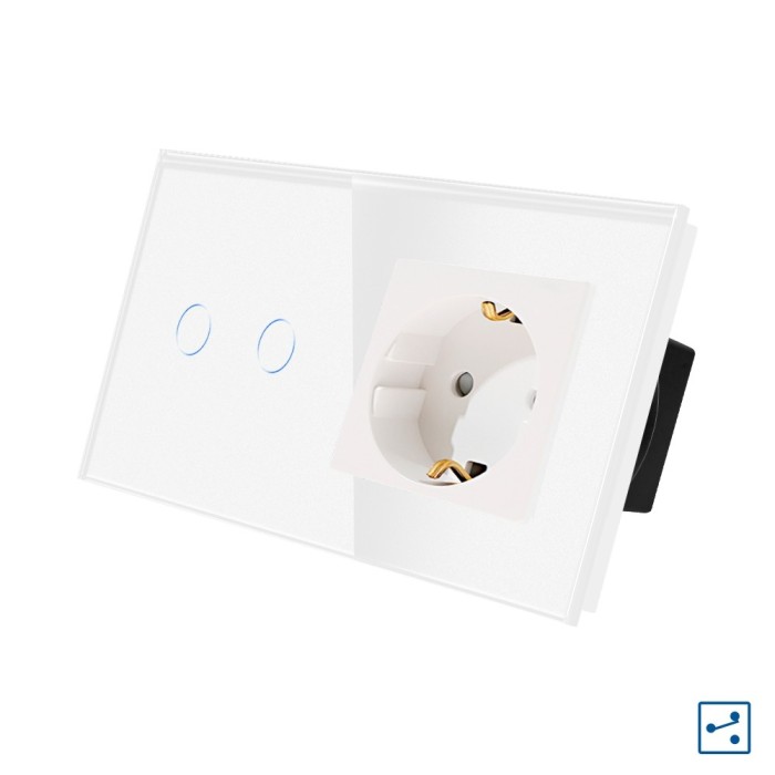 Intrerupator Dublu Cap Scara / Cruce + Priza cu Rama din Sticla LUXION, Serie A SmartElectro IntelligentHouse