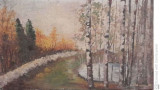 Cumpara ieftin Tablou Peisaj cu mesteceni, ulei pe carton 30x52 cm L. Patrascu 88, Peisaje, Realism