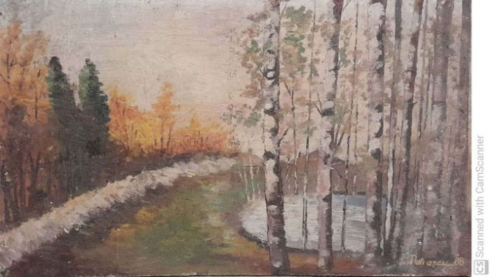 tablou Peisaj cu mesteceni, ulei pe carton 30x52 cm L. Patrascu 88