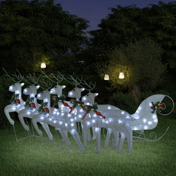 Decor de Craciun cu reni si sanie, 140 LED-uri, alb, exterior GartenMobel Dekor