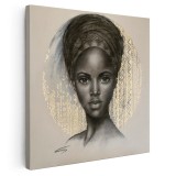 Tablou canvas portret carbune femeie africana, maro 1321 Tablou canvas pe panza CU RAMA 60x60 cm