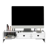 Suport multifuncional pentru monitor, TV, cu 2 sertare, greutate maxima suportata 10kg, din lemn si plastic, alb