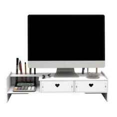 Suport multifuncional pentru monitor, TV, cu 2 sertare, greutate maxima suportata 10kg, din lemn si plastic, alb