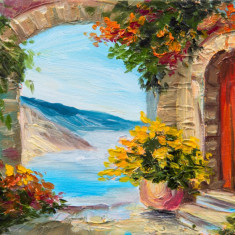 Tablou canvas Casa, mare, flori, pictura, 60 x 40 cm