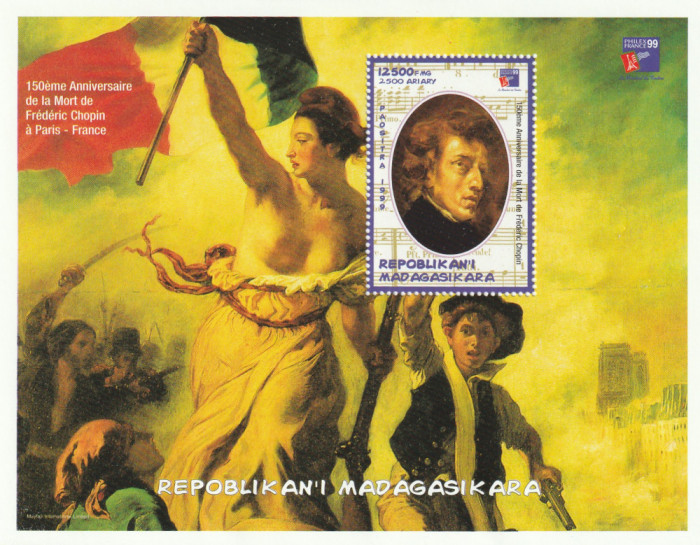 Madagascar 1999-Arta,Muzica,150 ani de la moartea lui Chopin,colita dant.,nestam