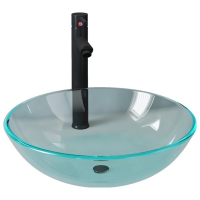 Chiuveta baie robinet si scurgere tip push, transparent sticla foto