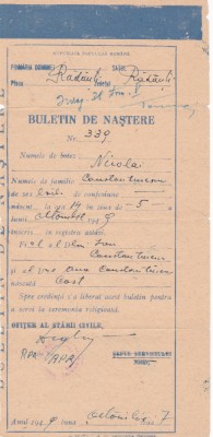 AMS - BULETIN DE NASTERE, JUD. RADAUTI, ANUL 1949 foto