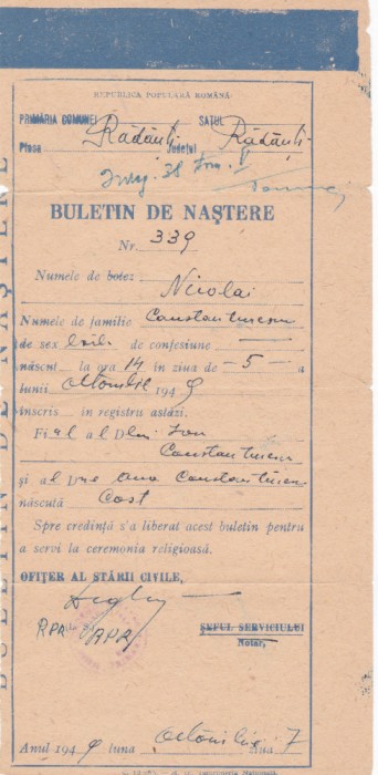 AMS - BULETIN DE NASTERE, JUD. RADAUTI, ANUL 1949