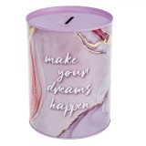 Pusculiță Metalică, Roz Marble, Diametru 12x16cm, Mesaj &quot;Make Your Dreams Happen&quot;, Oem