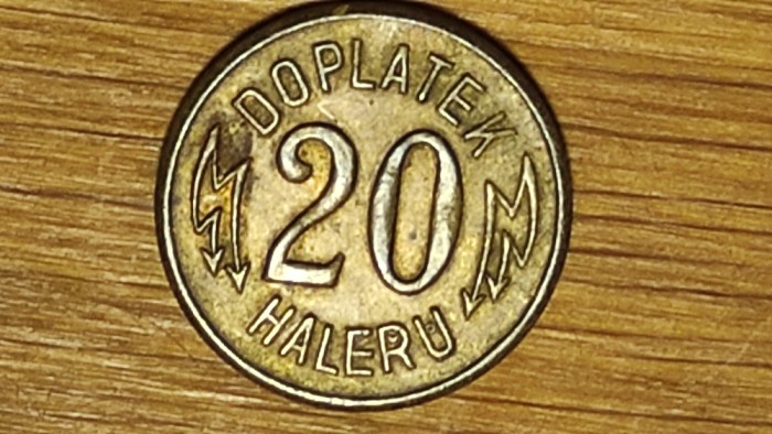 R08 Cehoslovacia - tranzit token rar ! - 20 haleru 1918 - Elektrick&eacute; Dr&aacute;hy - Praga