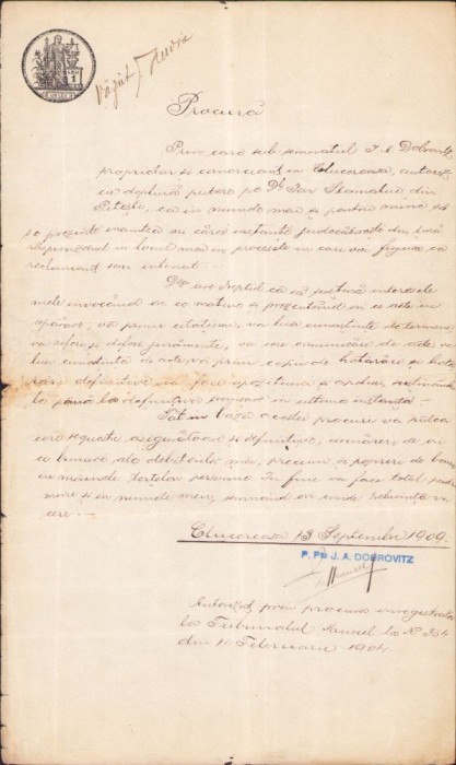 A2735N Procură reprezentare comerciant evreu Clucereasa, jud Muscel, dată de un locuitor din Pitești, Judecătoria St&acirc;lpeni, 1909