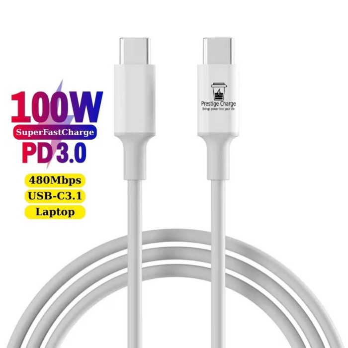 Cablu date si incarcare rapida 100W, PRESTIGE CHARGE&reg;, SuperFastCharge pentru Laptop, Samsung, Iphone 15, PREMIUM, USB-C la USB-C, Type C, 2m, alb