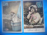 HOPCT 1747 COPII-TCV-ROMANTICA-FRANTA-LOT 2 CARTI POSTALE VECHI-CIRCULATE
