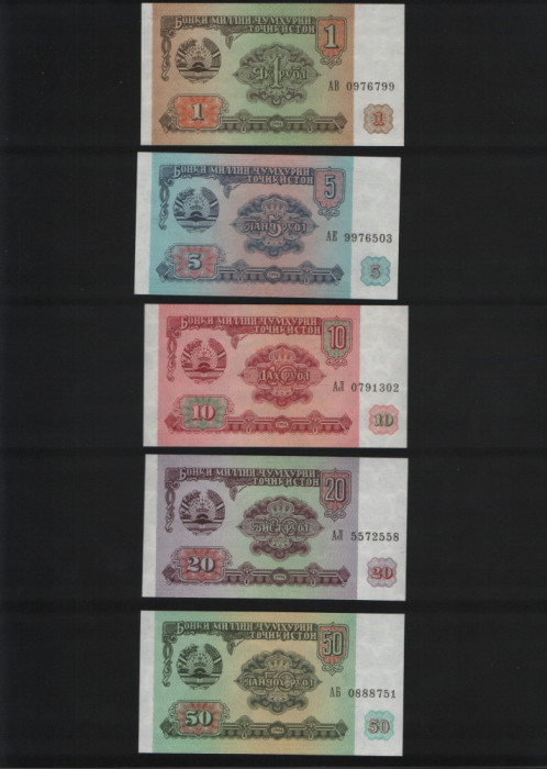 Set Tadjikistan 1+5+10+20+50+100+200+500+1000 ruble 1994 unc