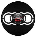 Ceas de perete decorativ realizat din disc de vinil, Model Sigla Simetrica Audi cu scris rosu, Negru, 30 cm
