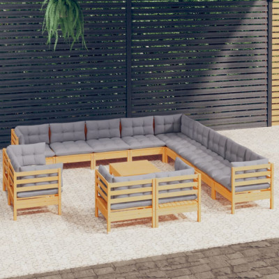 vidaXL Set mobilier grădină cu perne, 14 piese, gri, lemn masiv pin foto