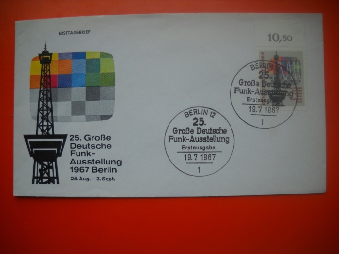 HOPCT PLIC S FDC NR 679 TURNUL DE RADIO TELEVIZIUNE BERLIN VEST 1967 GERMANIA -NECIRCULAT