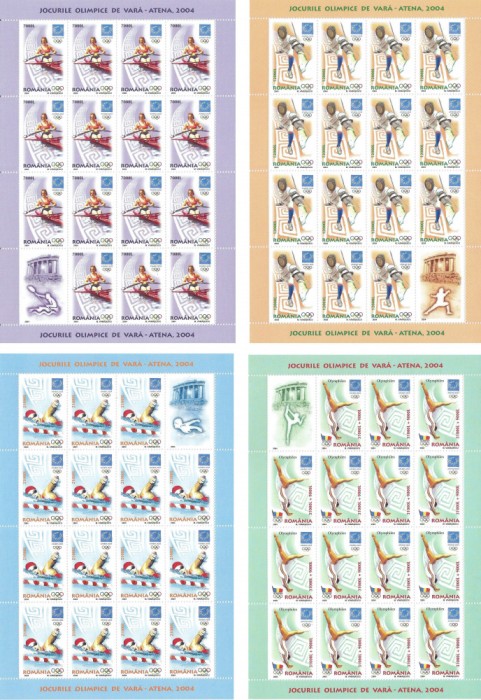 |Romania, LP 1655b/2004, J.O. de Vara - Atena, coli mici de 15 t. + 1 v., MNH