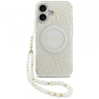 Husa MagSafe pentru Apple iPhone 17, Guess, IML Flowers with Pearl Strap, Alba foto