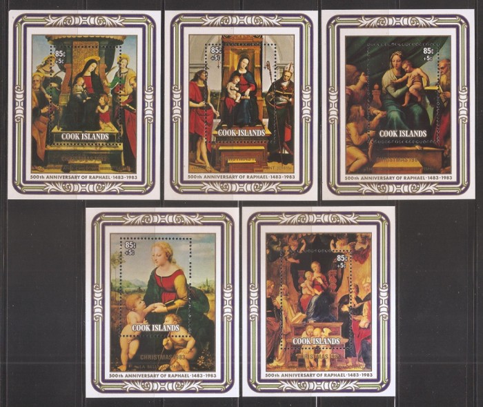 Insulele Cook 1983 - 500 de ani de la nașterea lui Rafael, 5 colite+1 MC, 4 POZE, MNH