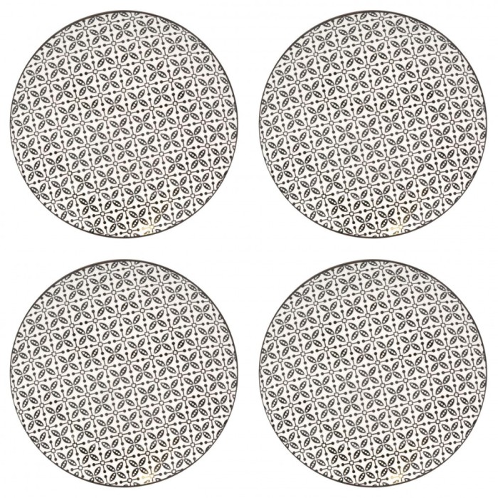 Set farfurii 4 piese, Portelan, Bej cu Model Negru, diametru 26.5 cm