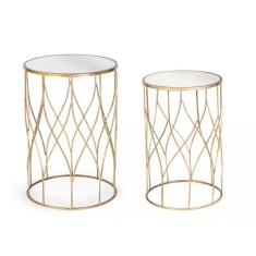 Set 2 masute cafea blat oglinda cadru fier auriu Elenor &Oslash; 33 cm x 51 h; &Oslash; 38 cm x 56 h