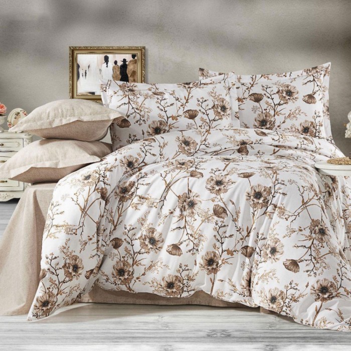 Lenjerie pat dublu,bumbac ranforce,4 piese,alba cu flori,RNFN245