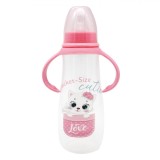 Biberon Plastic Honey Baby, Model Pisica, M&acirc;ner Roz, Capacitate 300ml, Tetină Silicon, Fete, Oem