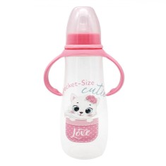 Biberon Plastic Honey Baby, Model Pisica, M&acirc;ner Roz, Capacitate 300ml, Tetină Silicon, Fete