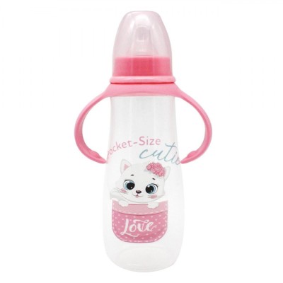 Biberon Plastic Honey Baby, Model Pisica, M&amp;acirc;ner Roz, Capacitate 300ml, Tetină Silicon, Fete foto