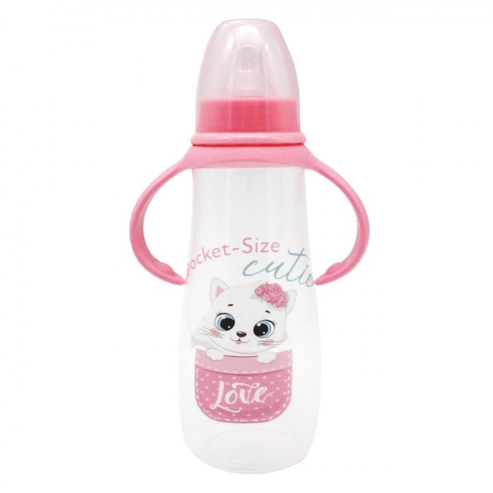 Biberon Plastic Honey Baby, Model Pisica, M&acirc;ner Roz, Capacitate 300ml, Tetină Silicon, Fete