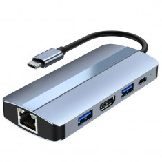 Adaptor multifunctional 7 in 1 USB-C la HDMI Techstar&reg; CYC7IN1B, HDMI 4K, LAN RJ45 Ethernet, 1 x USB 3.0, 1 x USB 2.0, Cititor De Carduri SD/TF, PD Po