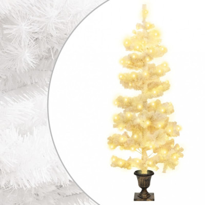 Brad de Crăciun ondulat cu ghiveci și LED-uri, alb, 120 cm, PVC foto