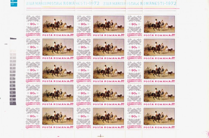 ✅RO 1972 , LP 812 ,&quot; Ziua marcii postale romanesti&quot; , serie in coala de 15 margine griuri - ERORI puncte rosii , halouri , etc. ,MNH