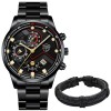 Set Cadou Barbati Deyros: Ceas Negru Casual + Bratara Eleganta. Mecanism Quartz, Otel Inoxidabil. Cutie Cadou Inclusa