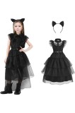 Costum Halloween Eledreme Miercuri pentru Copii, Rochie Neagra Tul, Accesorii Pisica