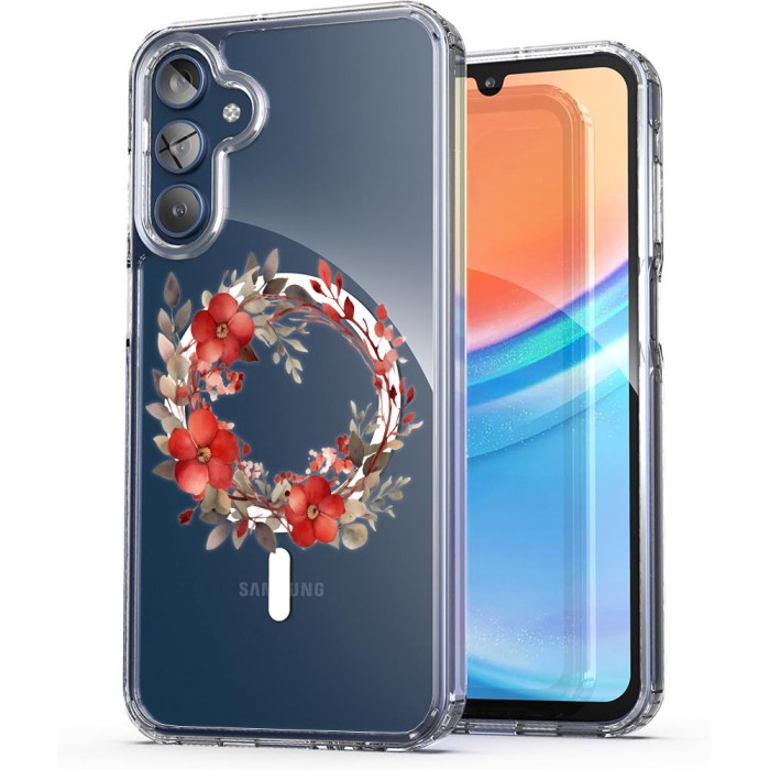 Husa pentru samsung galaxy a15 4g, atasare magnetica, magsafe, pink wreath 18, clear