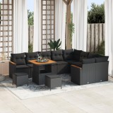 Set canapea gradina Gossi 12 piese cu perne negru poliratan acacia, set dining gradina Gossi 3 piese cu perne negru poliratan acacia