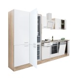 Mobilier de bucătărie Yorki 340, cu corp din stejar Sonoma, fațade albe cu finisaj satinat, cu element inferior pentru cuptor, dulap cu rafturi și fri