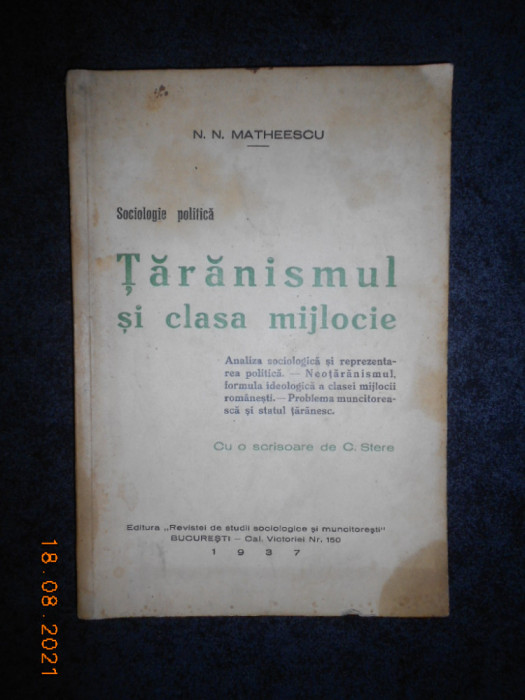 N. N. MATHEESCU - TARANISMUL SI CLASA MIJLOCIE (1937, cu autograful autorului)