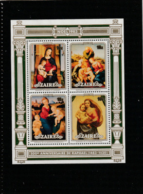 Zair 1983-Craciun,Reproduceri de Arta,Raohael,bloc 4 valori,dant.,MNH,Mi.Bl.47 foto