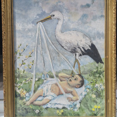 Tablou pictor roman 1965 Barza cu bebeluș pictura ulei inramat 42x54cm