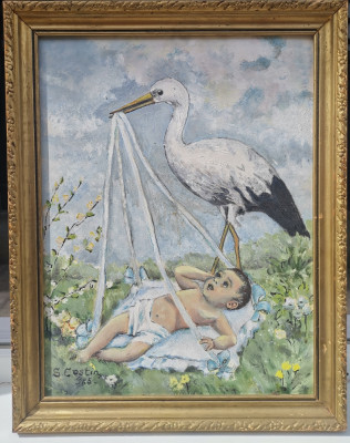 Tablou pictor roman 1965 Barza cu bebeluș pictura ulei inramat 42x54cm foto